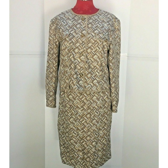 Adrianna Papell Silk Skirt Suit tan & cream sz 12 - Picture 1 of 9